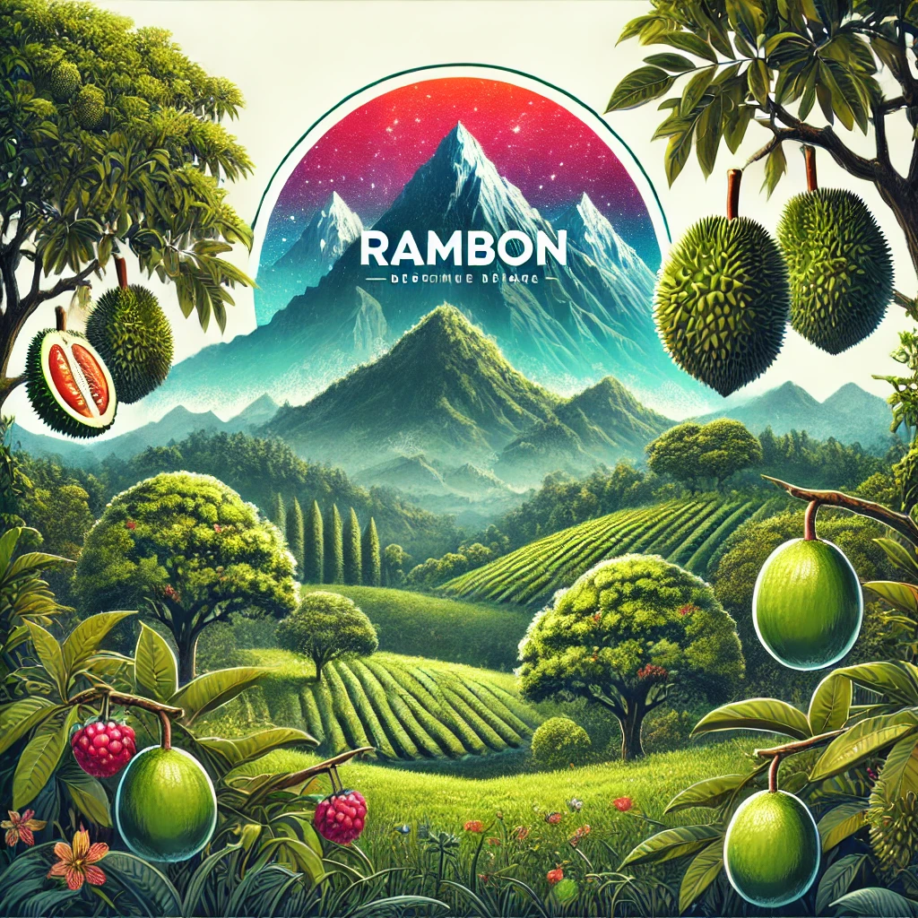 Dall·e 2024 08 17 22.31.42 A Nature Scene Featuring A Lush, Mountainous Landscape With A Durian And Guava Orchard. The Scene Should Include Vibrant Greenery, Large Durian Trees